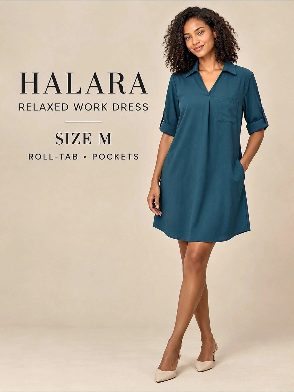 NWT Halara Ink Green Roll-Up Sleeve Relaxed Work Shirt Dress M